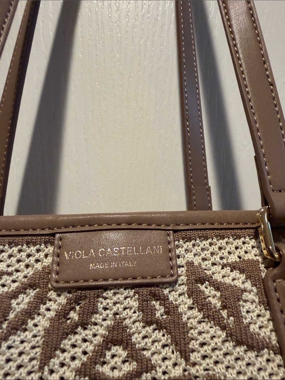 Viola Castellani Brown Crochet Tote Bag with Leather Trim